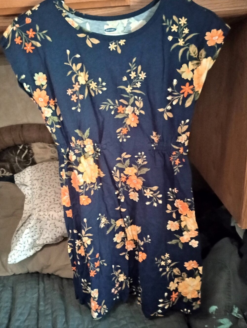 Old Navy Navy Floral Tee Dress with Peach Blooms